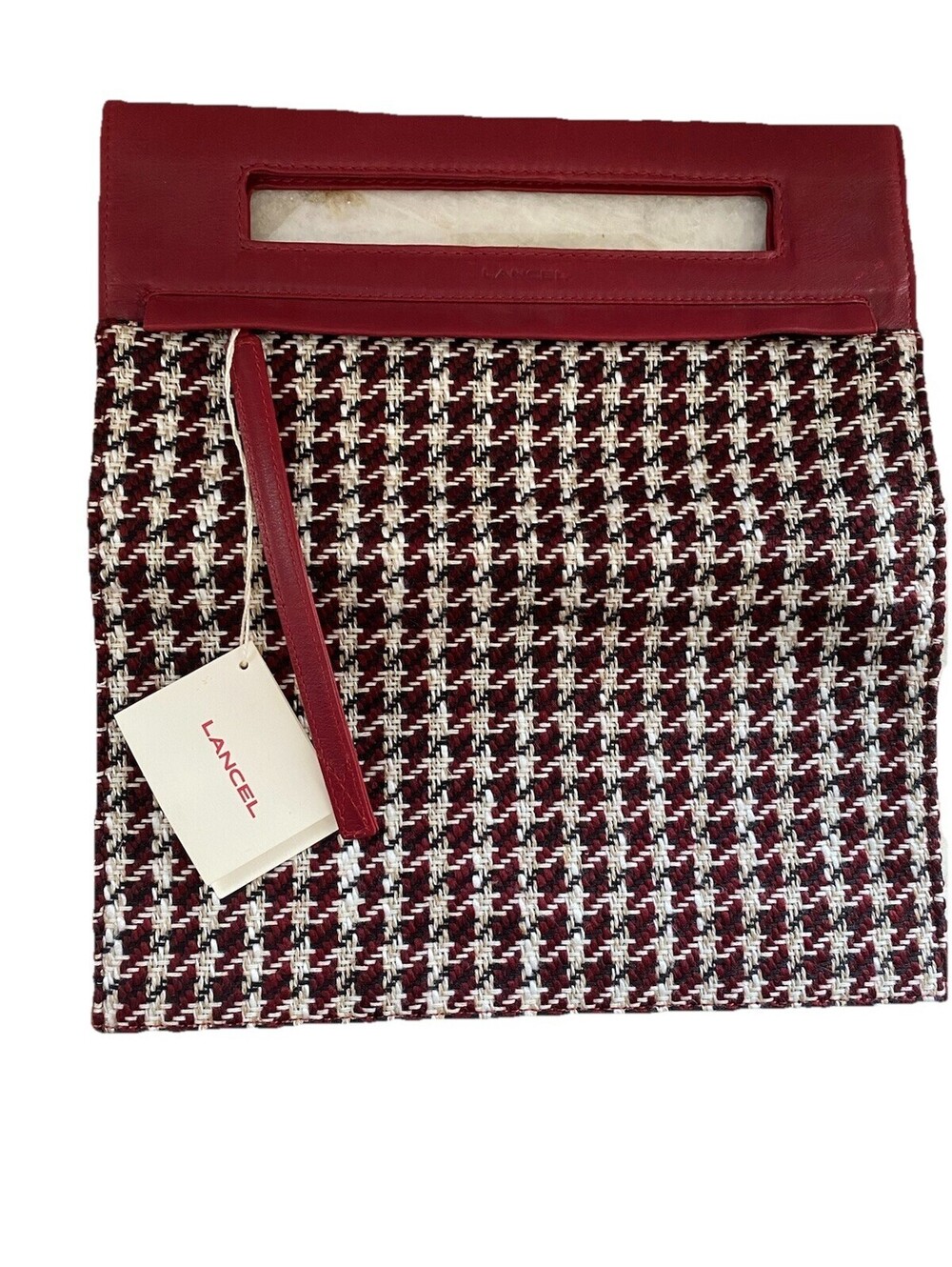 Lancel Paris Red Black Houndstooth Leather Fold Over Clutch Envelope Bag NWT